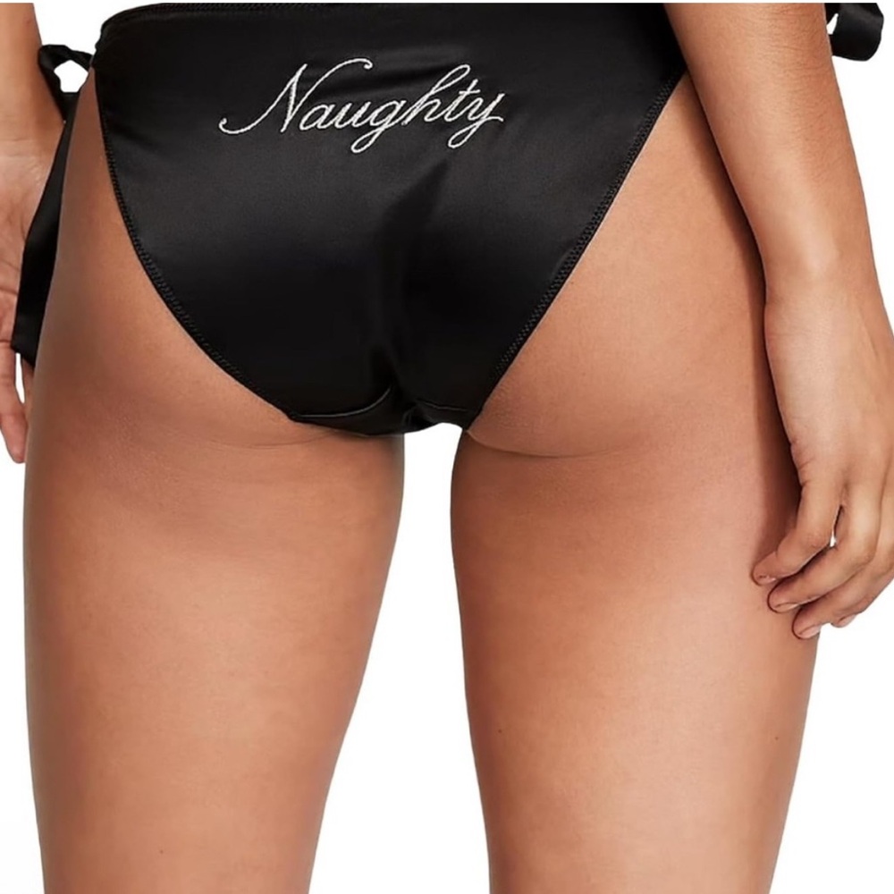 Victoria's Secret ”Naughty” Embroidered 🖤 Tease Black Satin Bow Tie Cheeky Panty